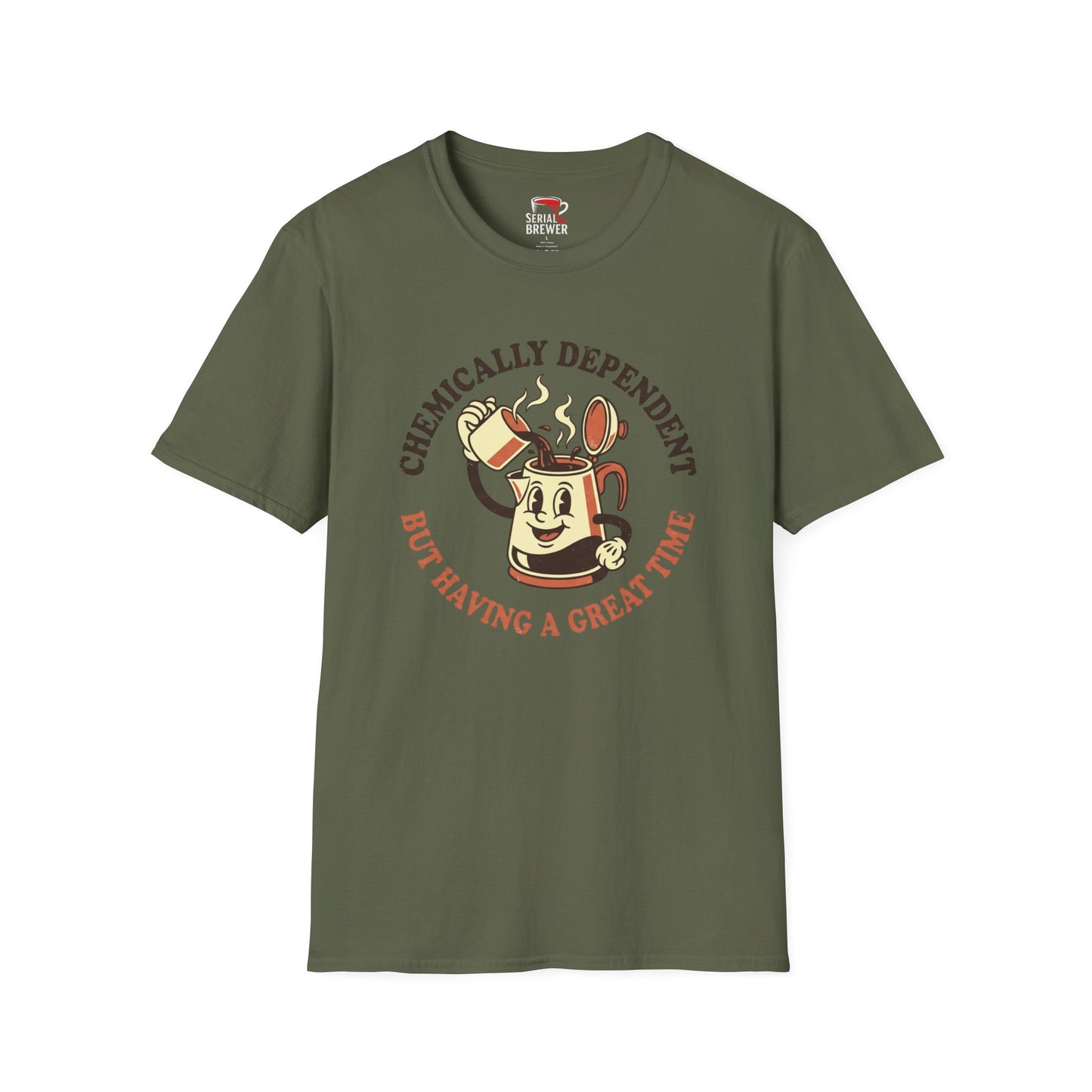 Chemically Dependent Coffee T-Shirt — "But Having a Great Time" Retro Coffee Cartoon Tee