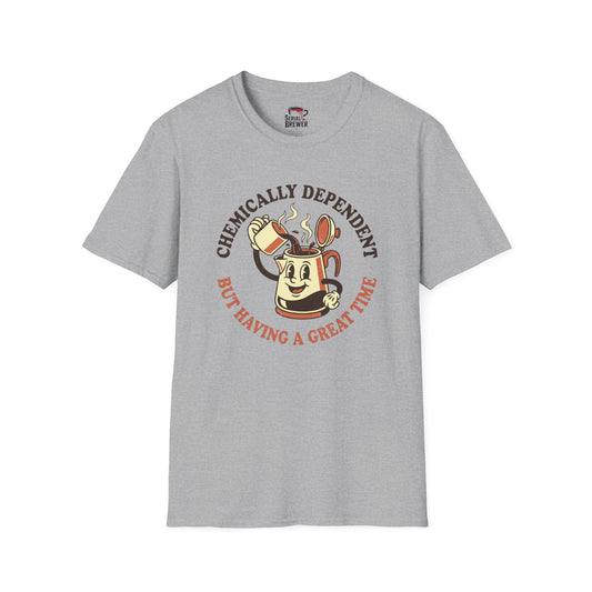 Chemically Dependent Coffee T-Shirt — "But Having a Great Time" Retro Coffee Cartoon Tee
