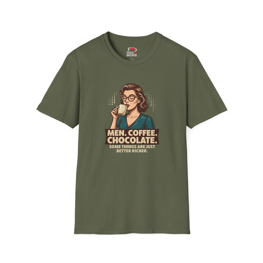 T-Shirt — Vintage Woman Sipping Coffee Graphic “Men. Coffee. Chocolate.” Retro Tee