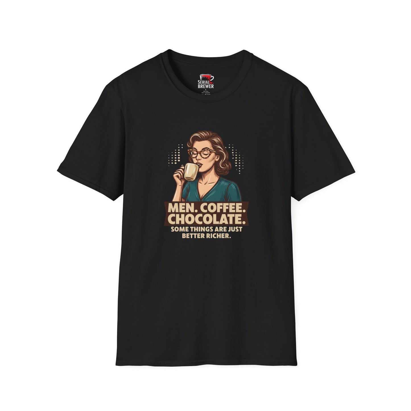 T-Shirt — Vintage Woman Sipping Coffee Graphic “Men. Coffee. Chocolate.” Retro Tee
