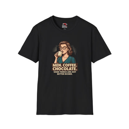 T-Shirt — Vintage Woman Sipping Coffee Graphic “Men. Coffee. Chocolate.” Retro Tee