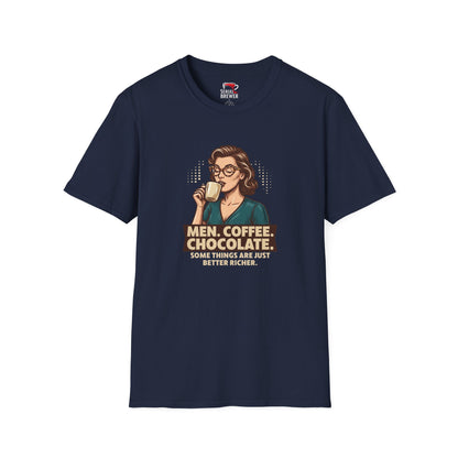 T-Shirt — Vintage Woman Sipping Coffee Graphic “Men. Coffee. Chocolate.” Retro Tee