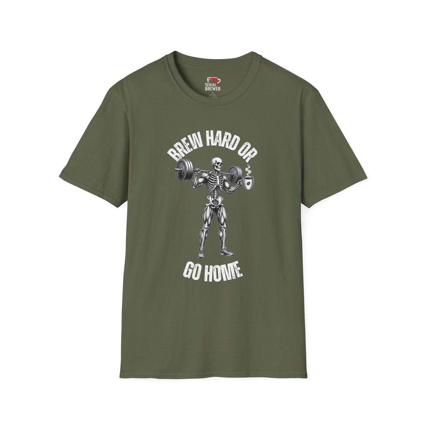 T-Shirt — "Brew Hard or Go Home" Skeleton Weightlifter Coffee Tee