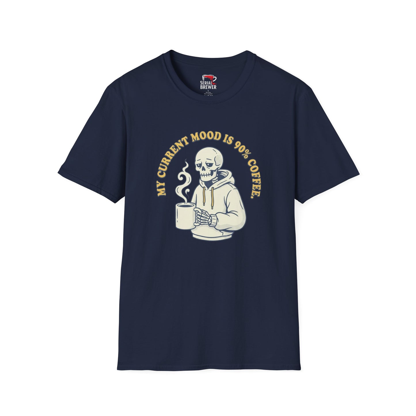 Coffee Skeleton Tee — "My Current Mood Is 90% Coffee" Graphic T-Shirt