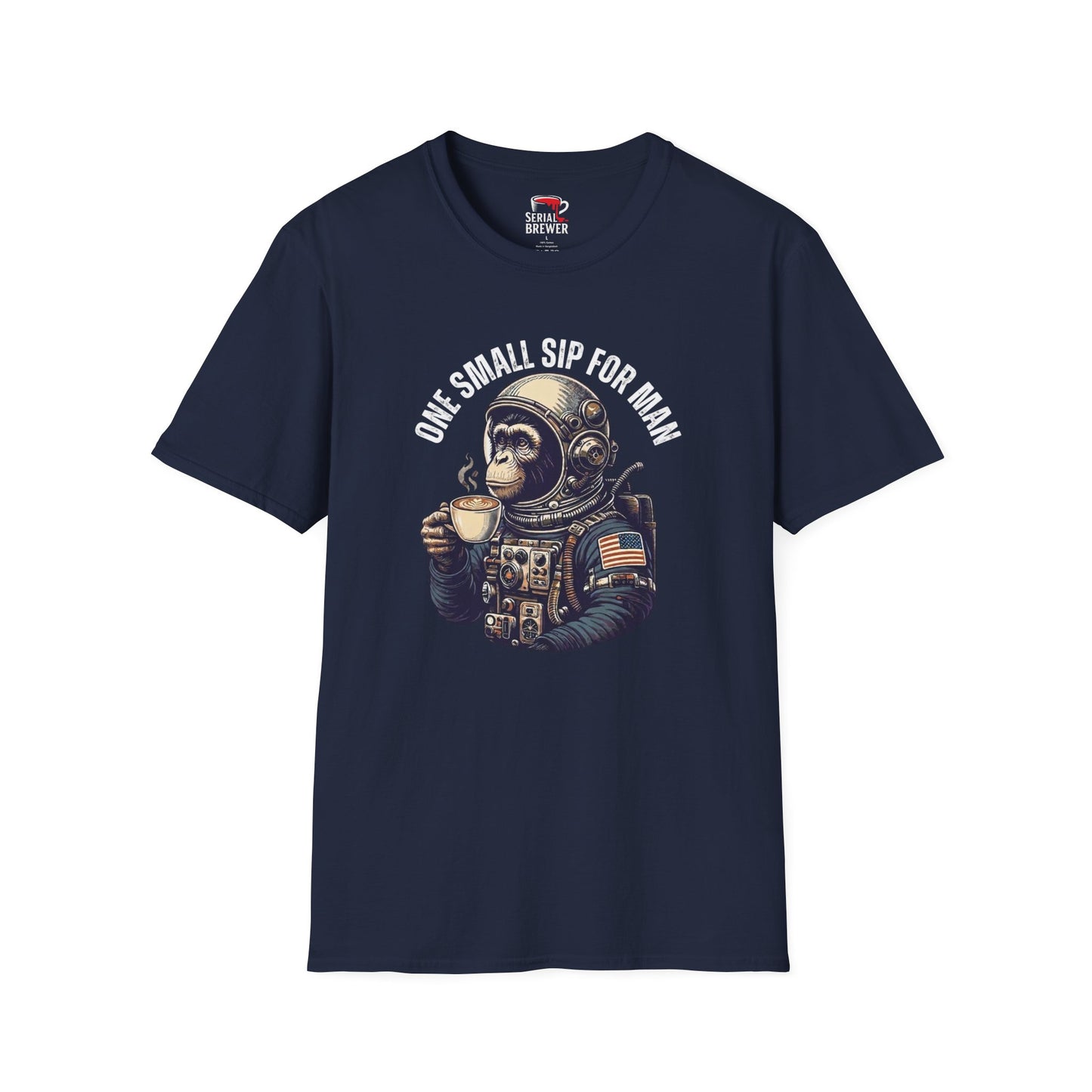 T-Shirt — "One Small Sip for Man" Astronaut Monkey Coffee Tee