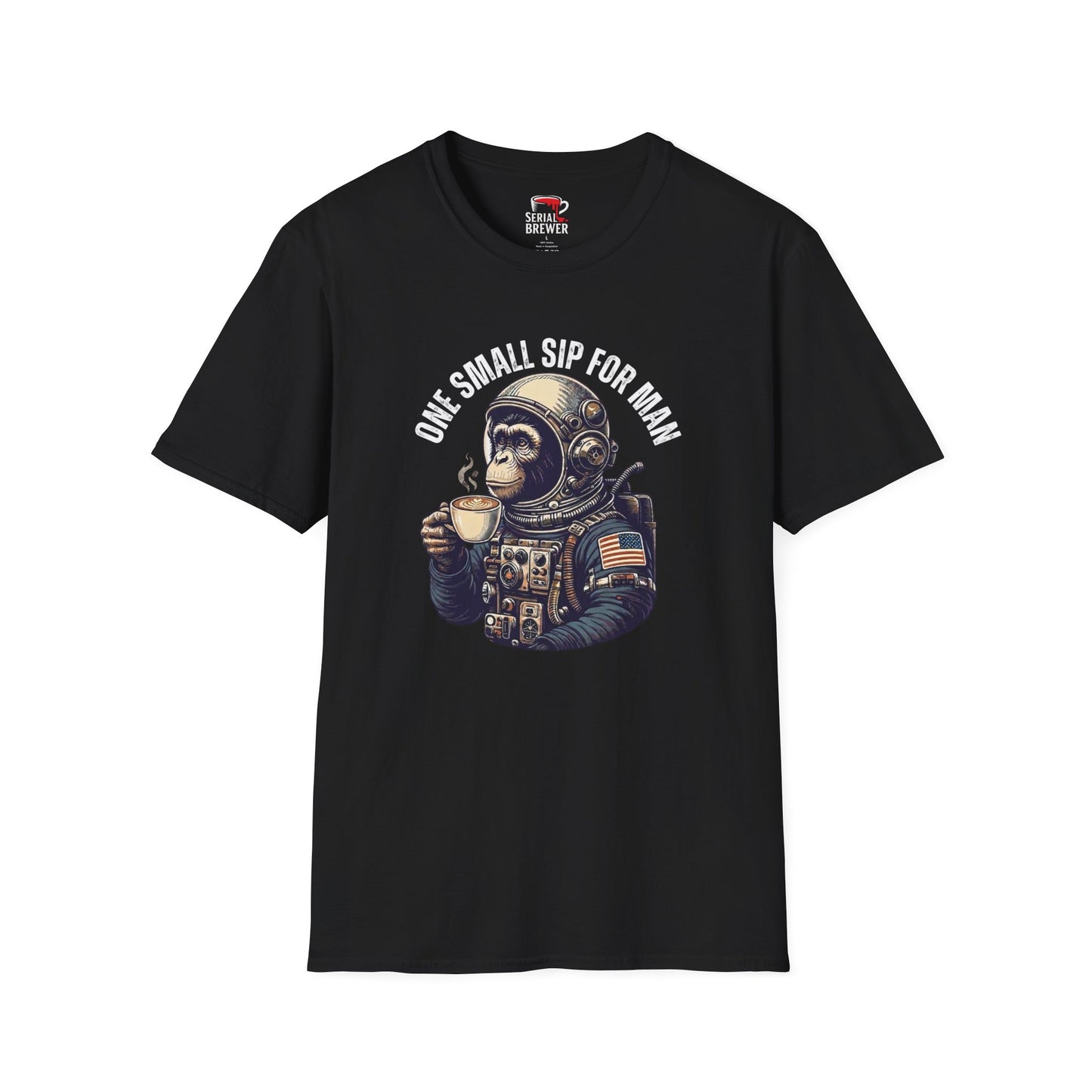 T-Shirt — "One Small Sip for Man" Astronaut Monkey Coffee Tee