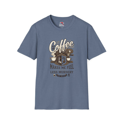 Coffee T-Shirt — "Coffee Makes Me Feel Less Murdery" Vintage Espresso Machine Tee