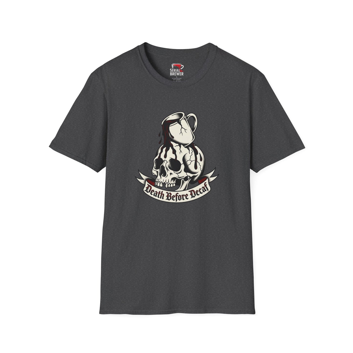 Skull Coffee Tee — "Death Before Decaf" Graphic T-Shirt