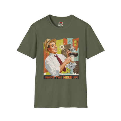 Retro Coffee T-Shirt — "Wake the Hell Up" Vintage Cafe Graphic Tee