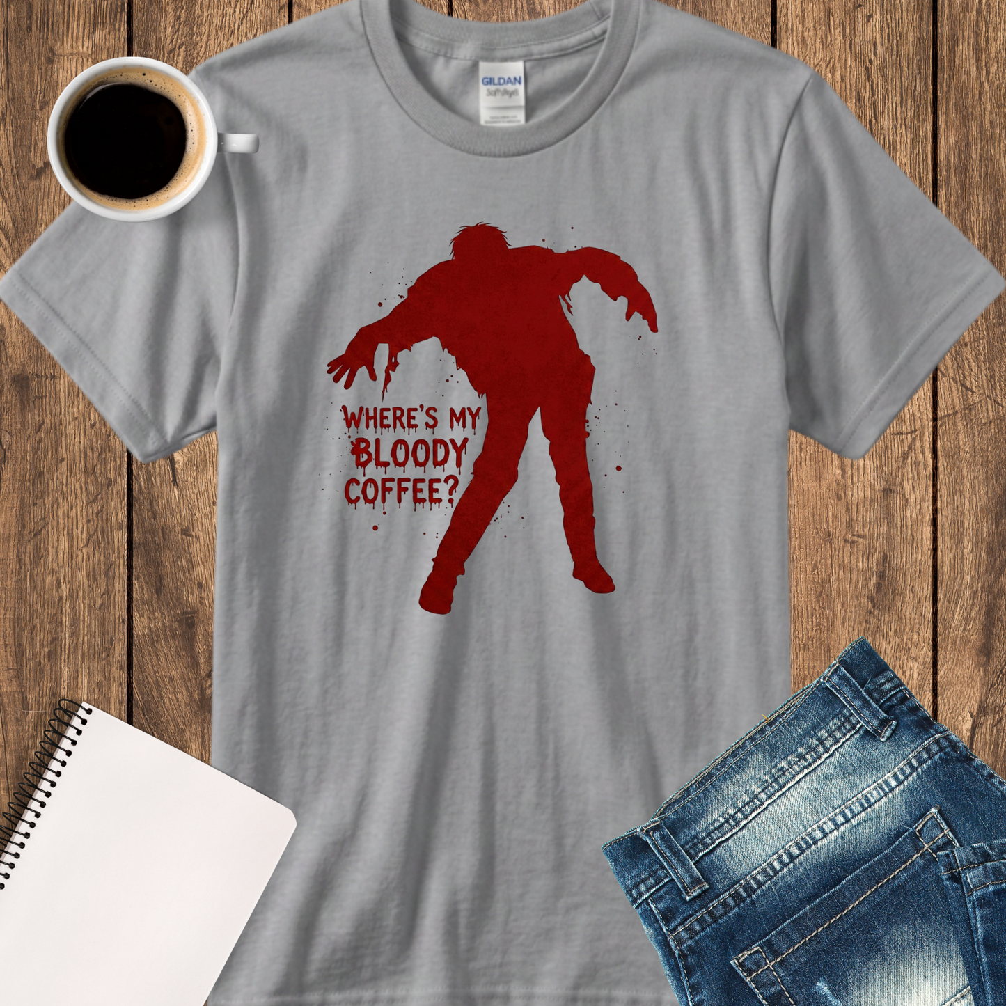 Zombie Silhouette T‑Shirt — “Where’s My Bloody Coffee?” Funny Horror Graphic Tee