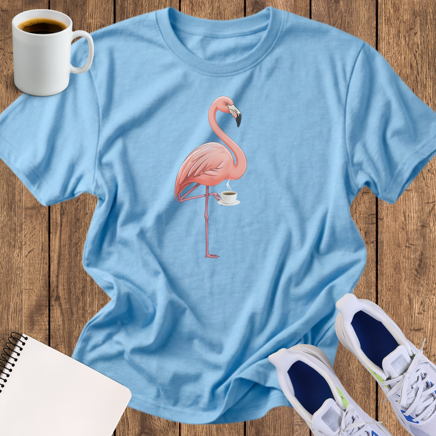 flamingo drinking coffee