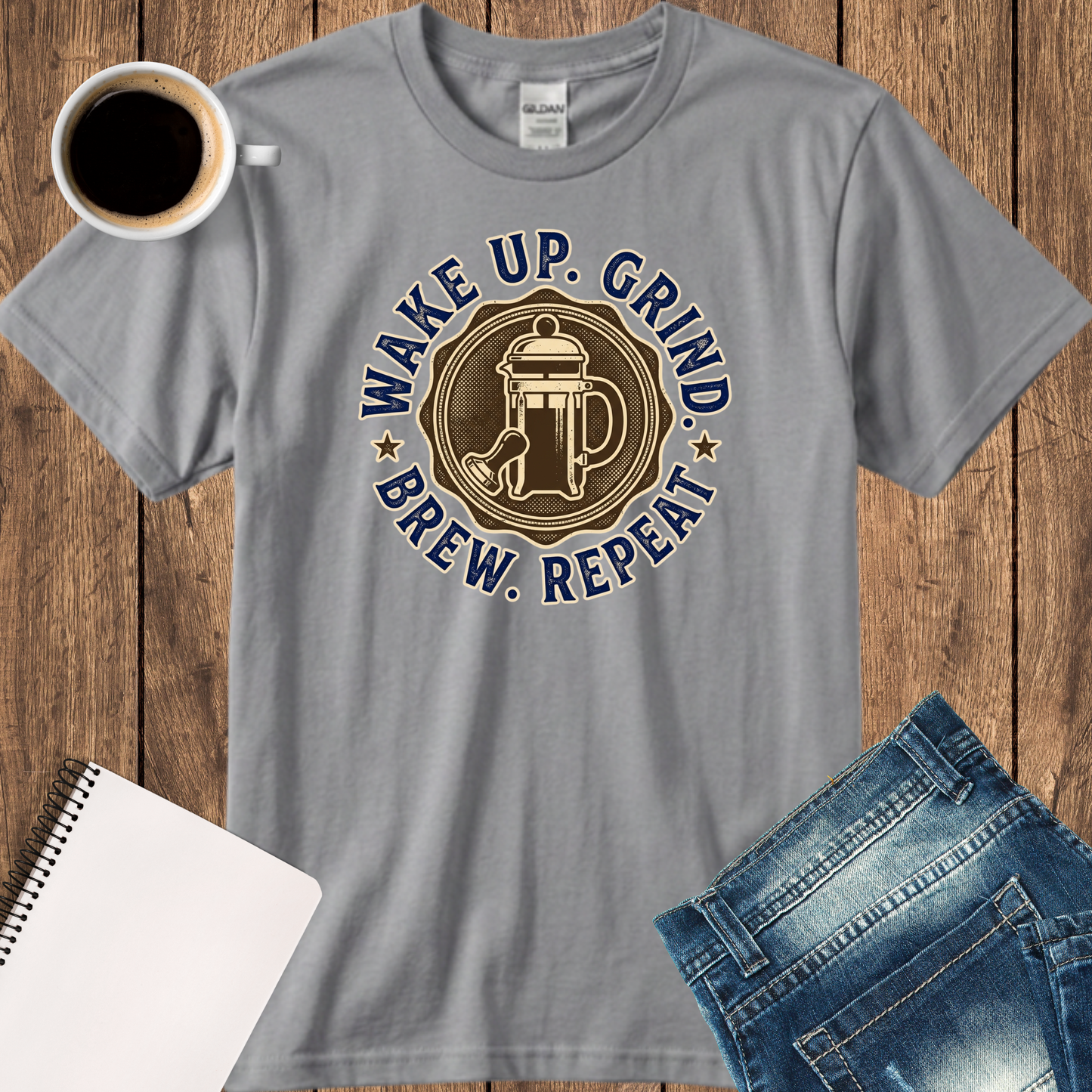 Wake Up. Grind. Brew. Repeat. T‑Shirt — Retro Coffee Lover Tee