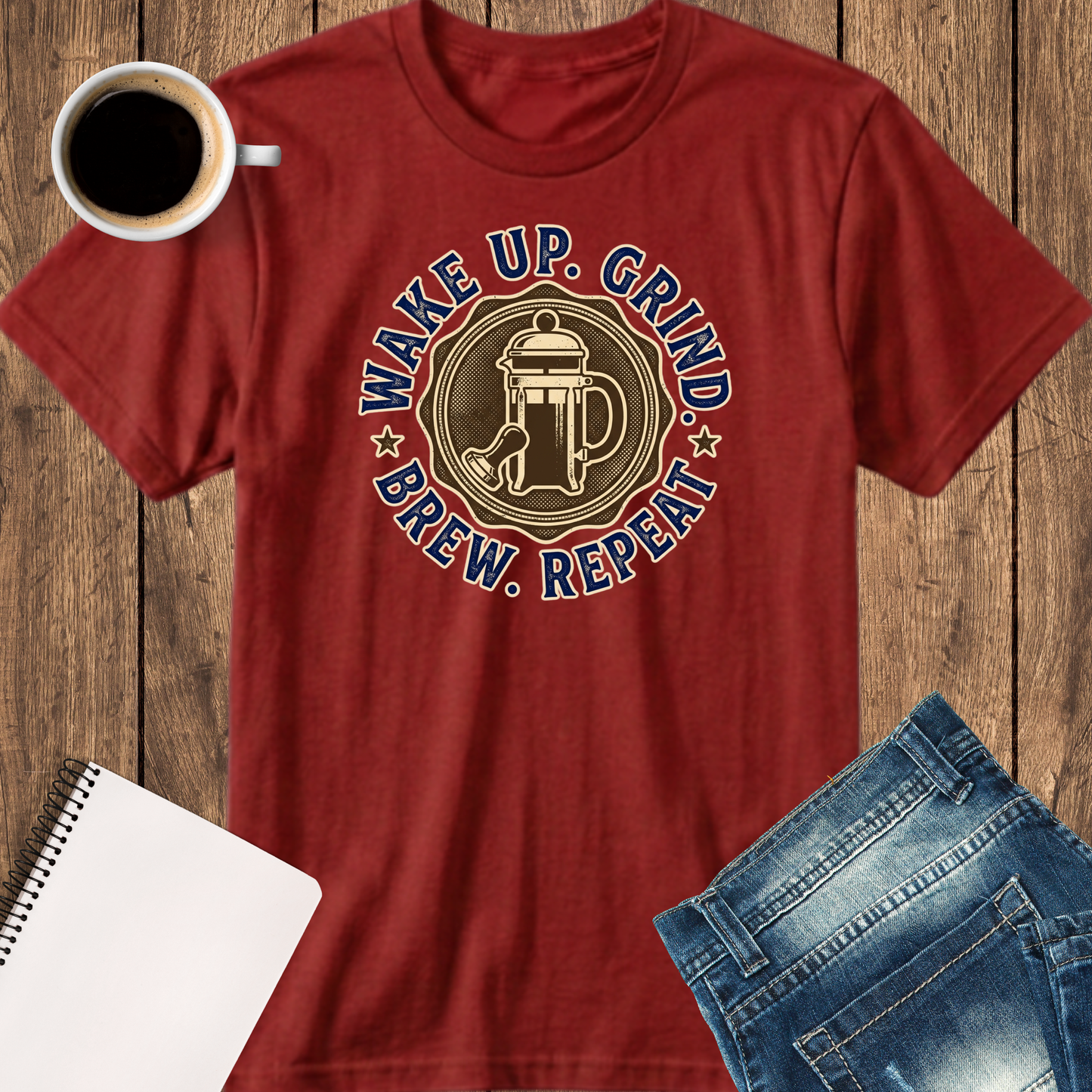 Wake Up. Grind. Brew. Repeat. T‑Shirt — Retro Coffee Lover Tee