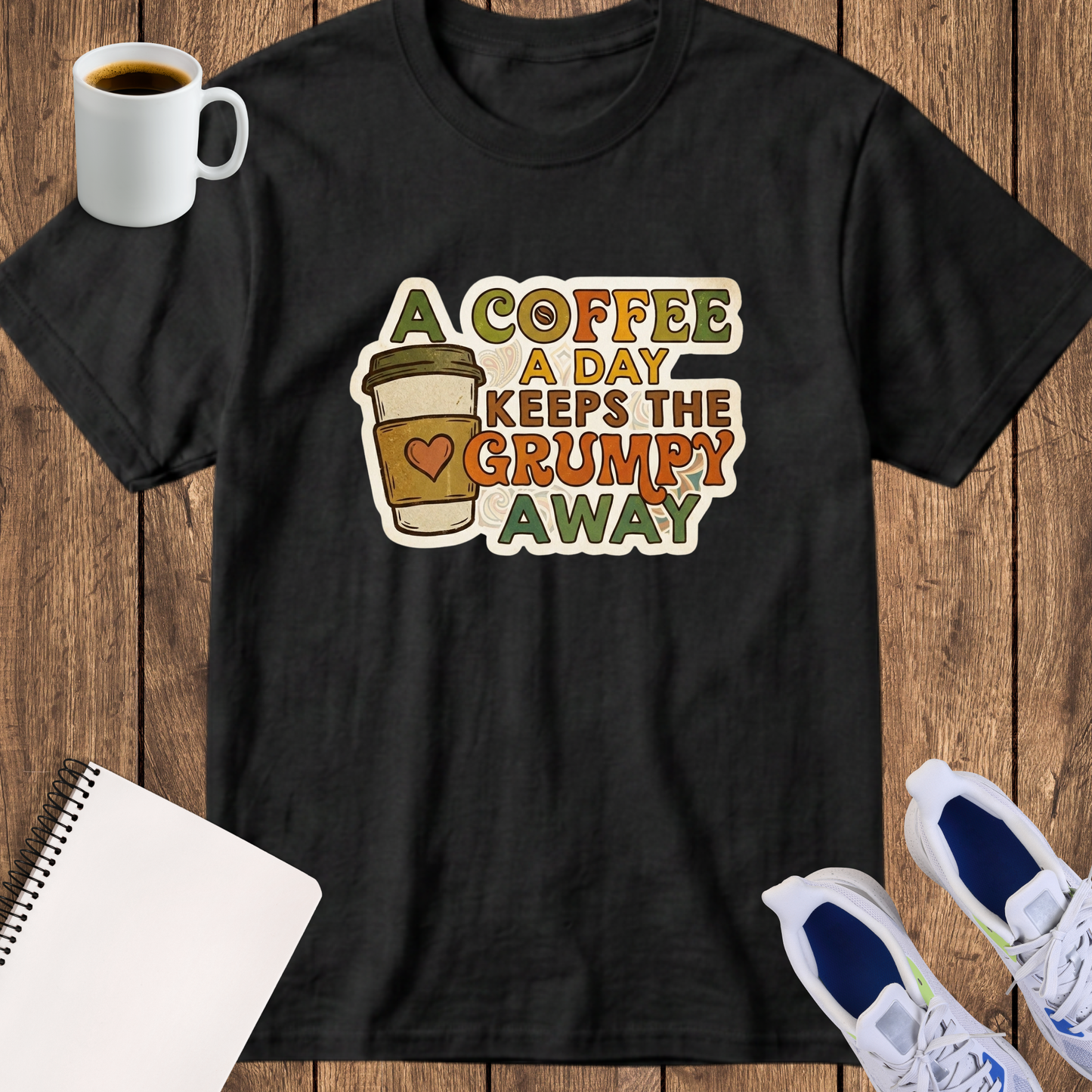 Coffee T-Shirt — “A Coffee A Day Keeps The Grumpy Away” Retro Coffee Lover Tee