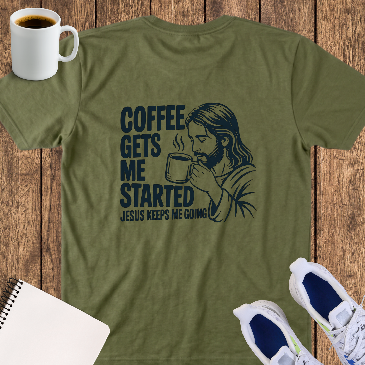 Christian Coffee T-Shirt — "Coffee Gets Me Started, Jesus Keeps Me Going"