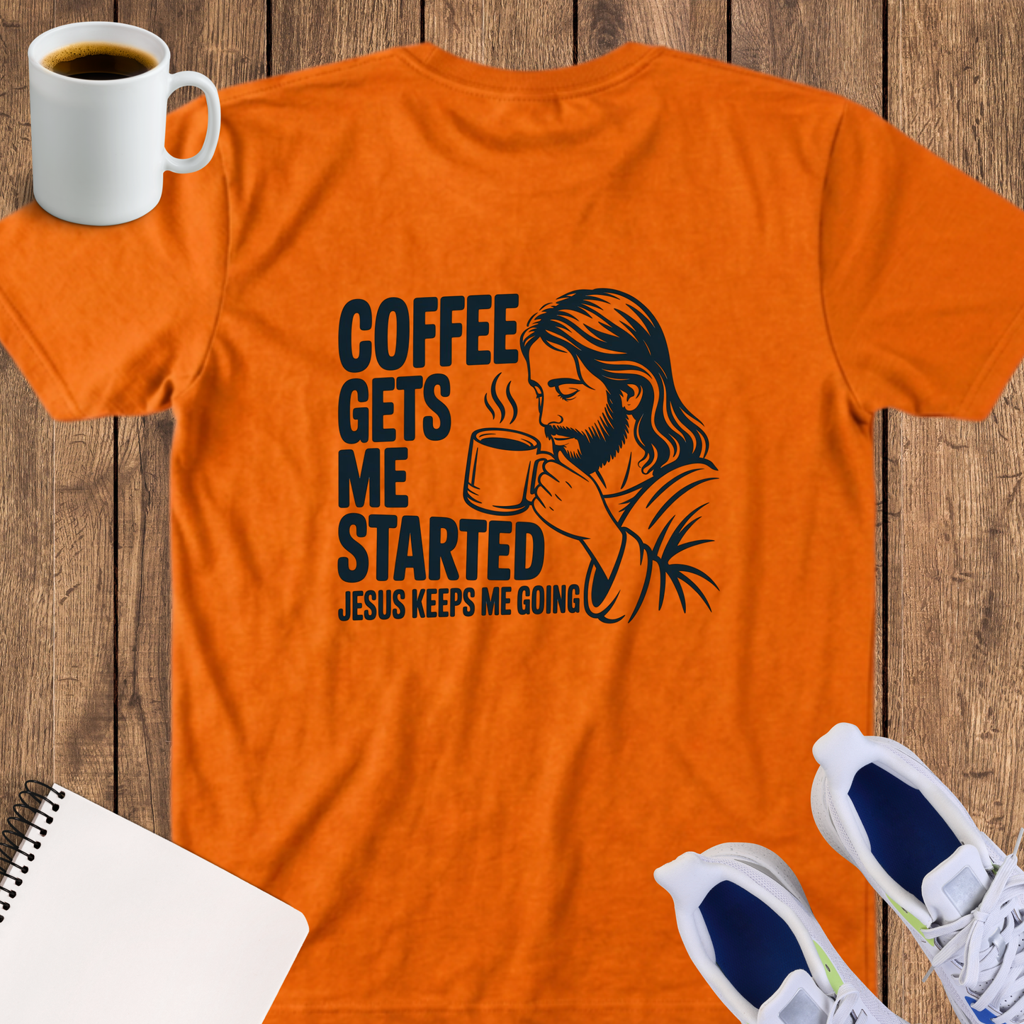 Christian Coffee T-Shirt — "Coffee Gets Me Started, Jesus Keeps Me Going"