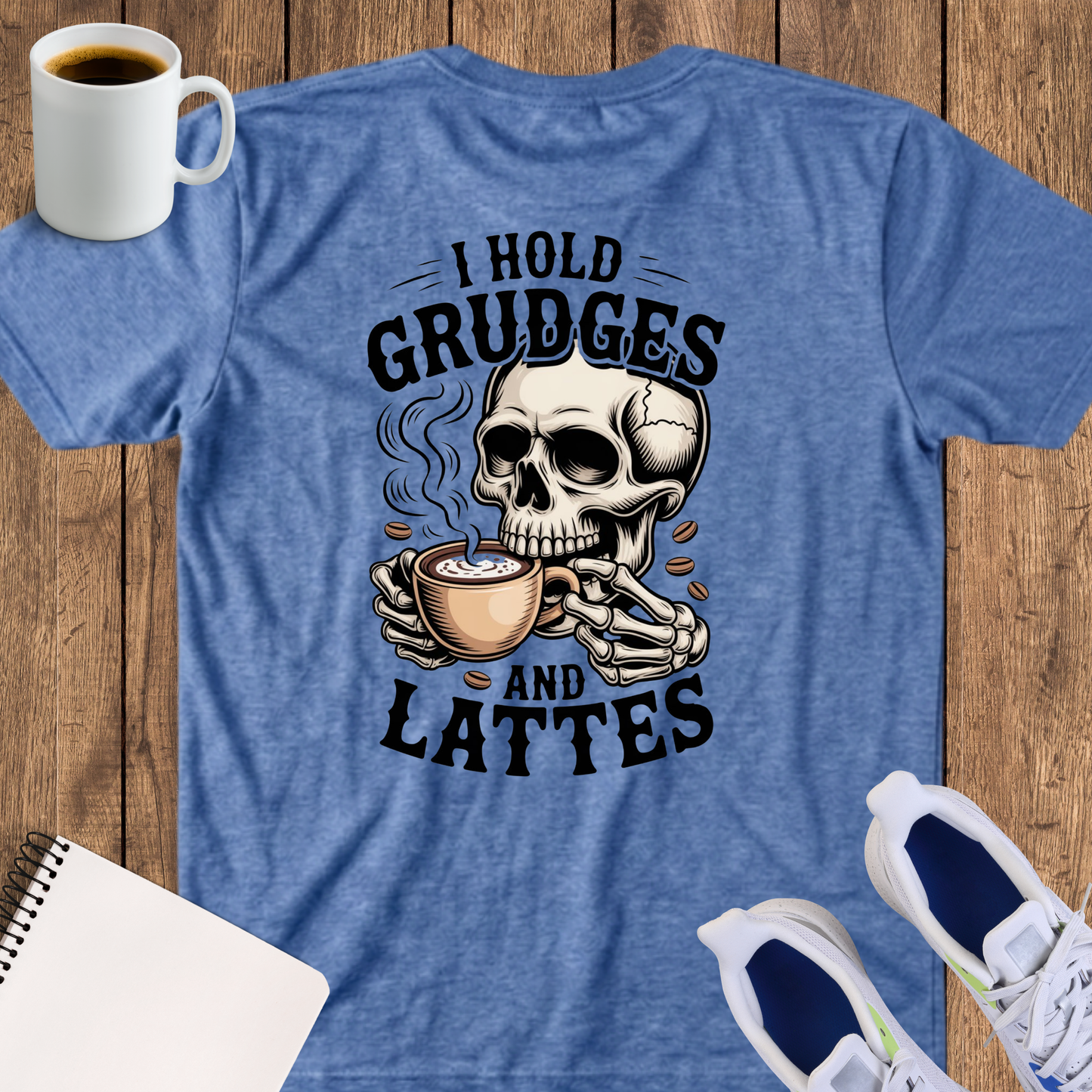 Skull "I Hold Grudges and Lattes" T-Shirt — Funny Coffee Lover Tee