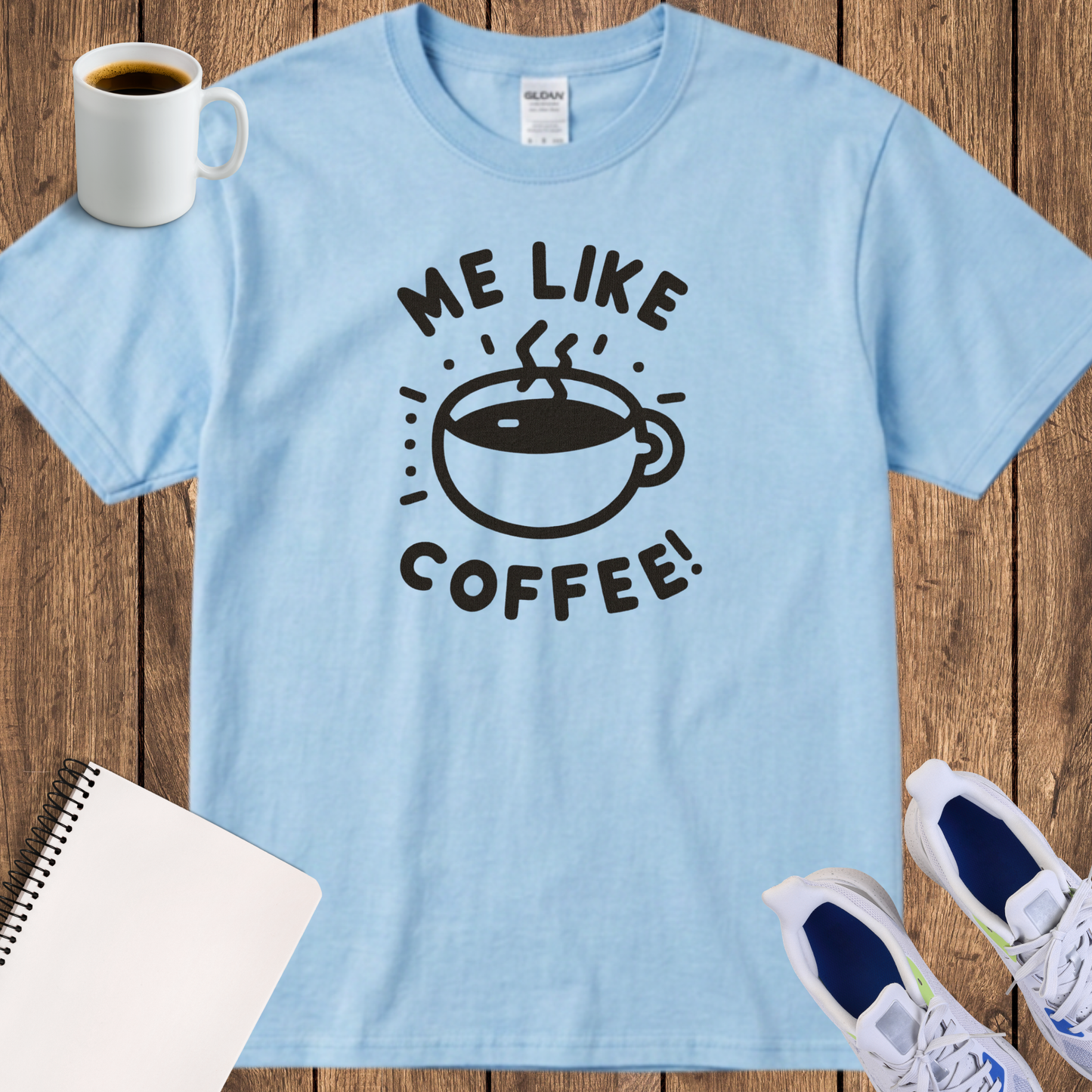 Coffee T-Shirt — "Me Like Coffee" Cute Minimalist Coffee Cup Tee