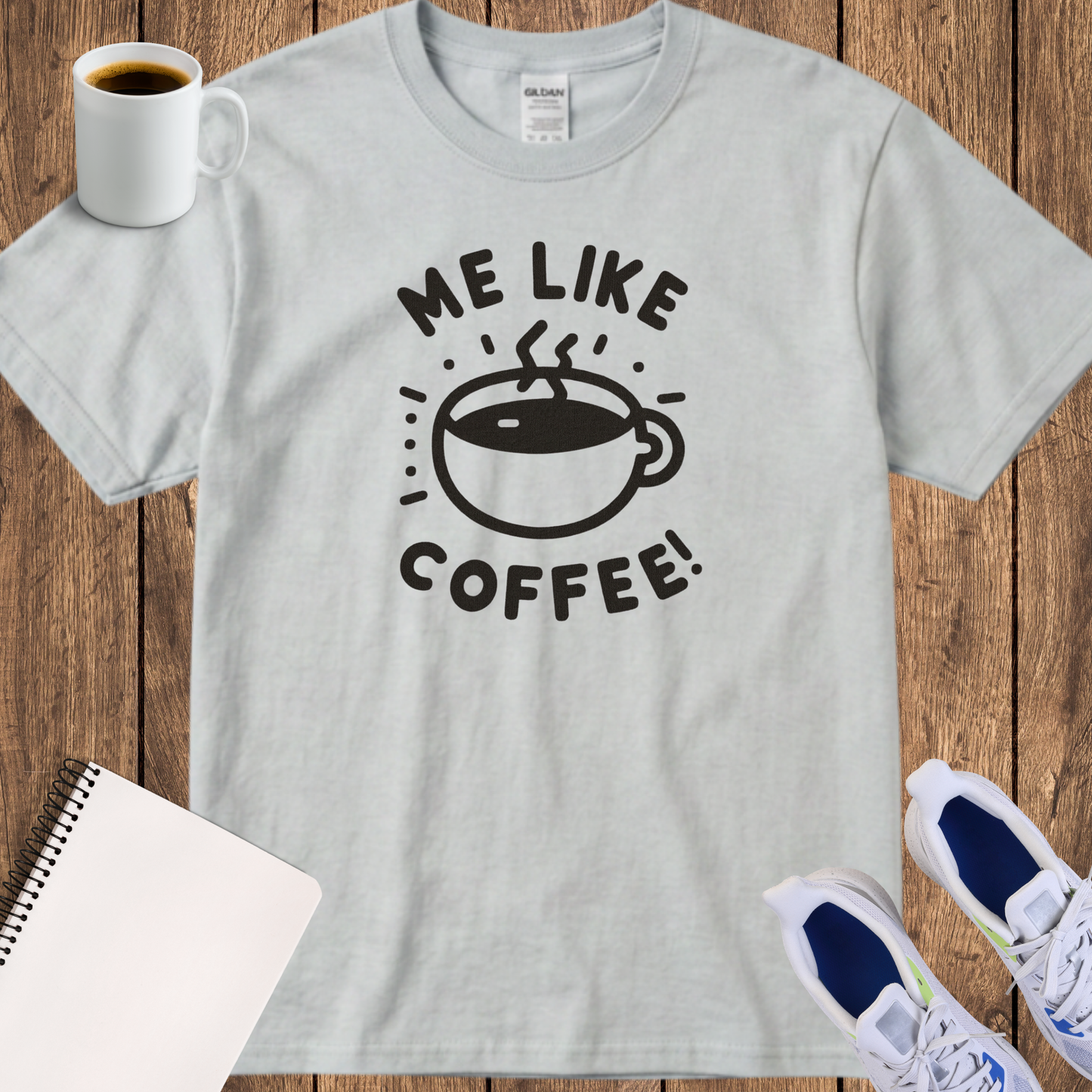 Coffee T-Shirt — "Me Like Coffee" Cute Minimalist Coffee Cup Tee