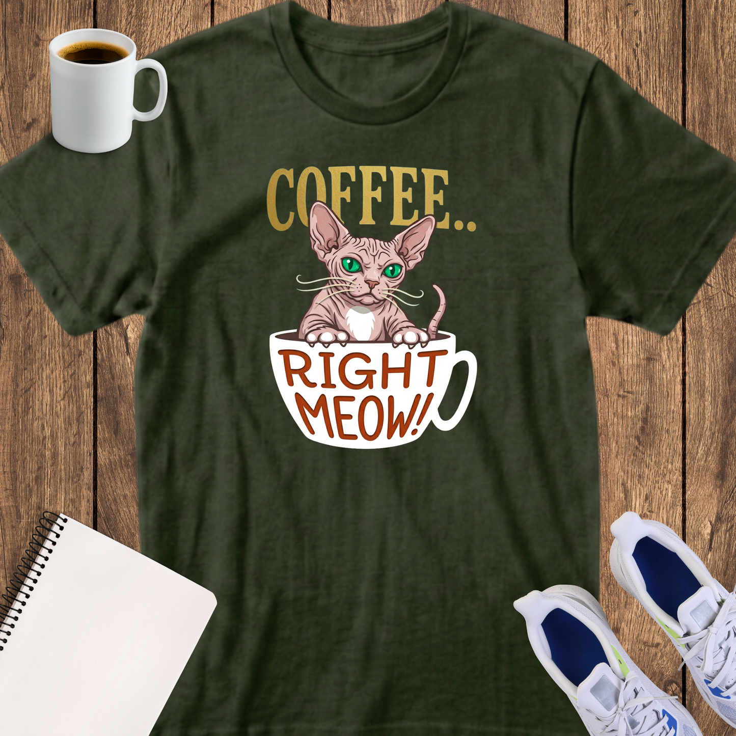 Coffee Right Meow T‑Shirt — Cute Sphynx Cat Coffee Tee for Cat Lovers