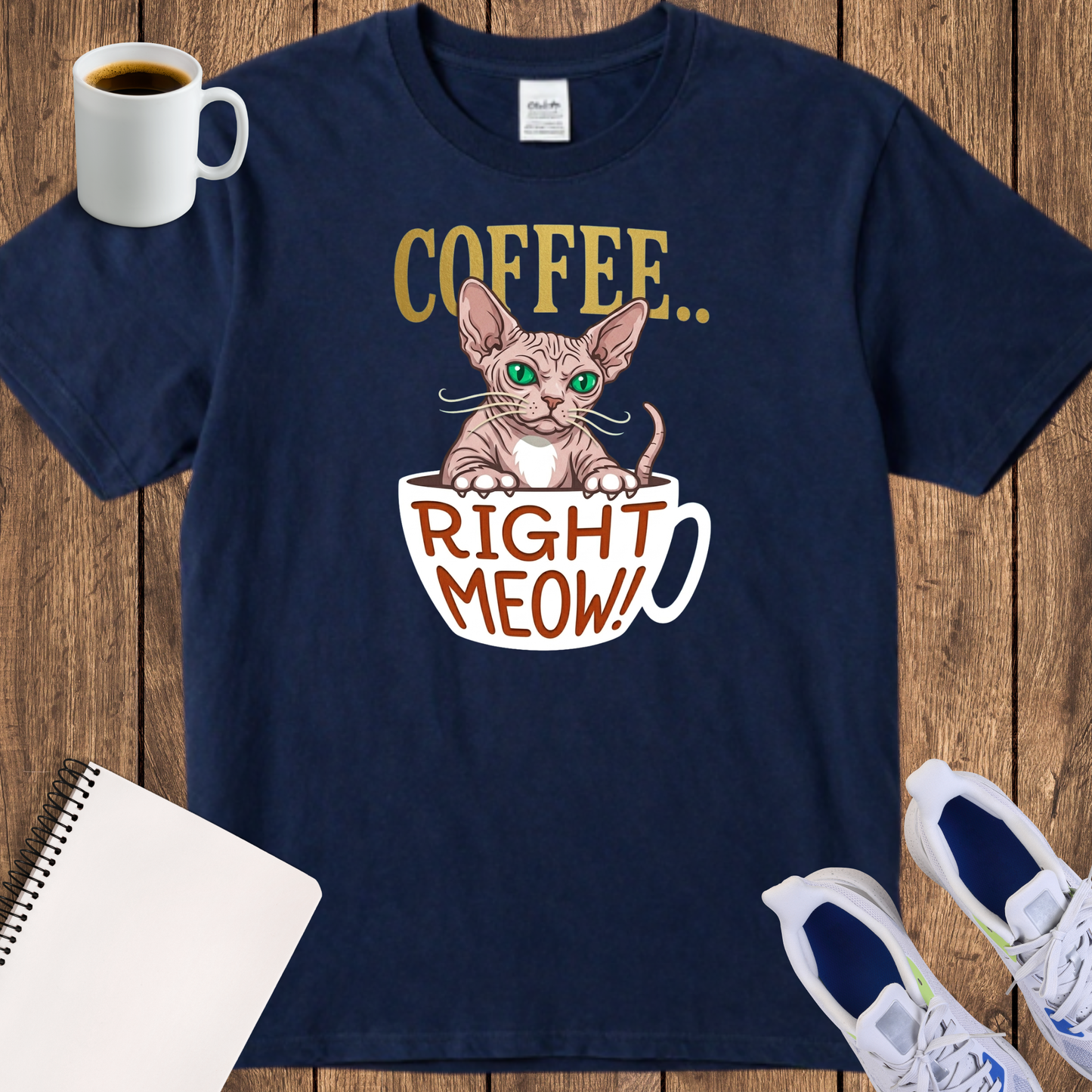 Coffee Right Meow T‑Shirt — Cute Sphynx Cat Coffee Tee for Cat Lovers