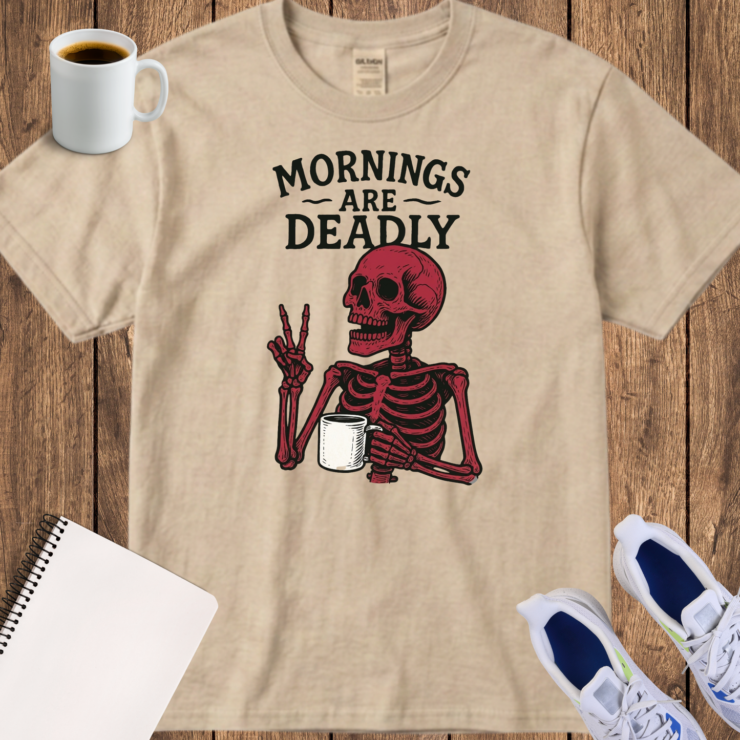 T-Shirt — "Mornings Are Deadly" Skeleton Coffee Graphic Tee