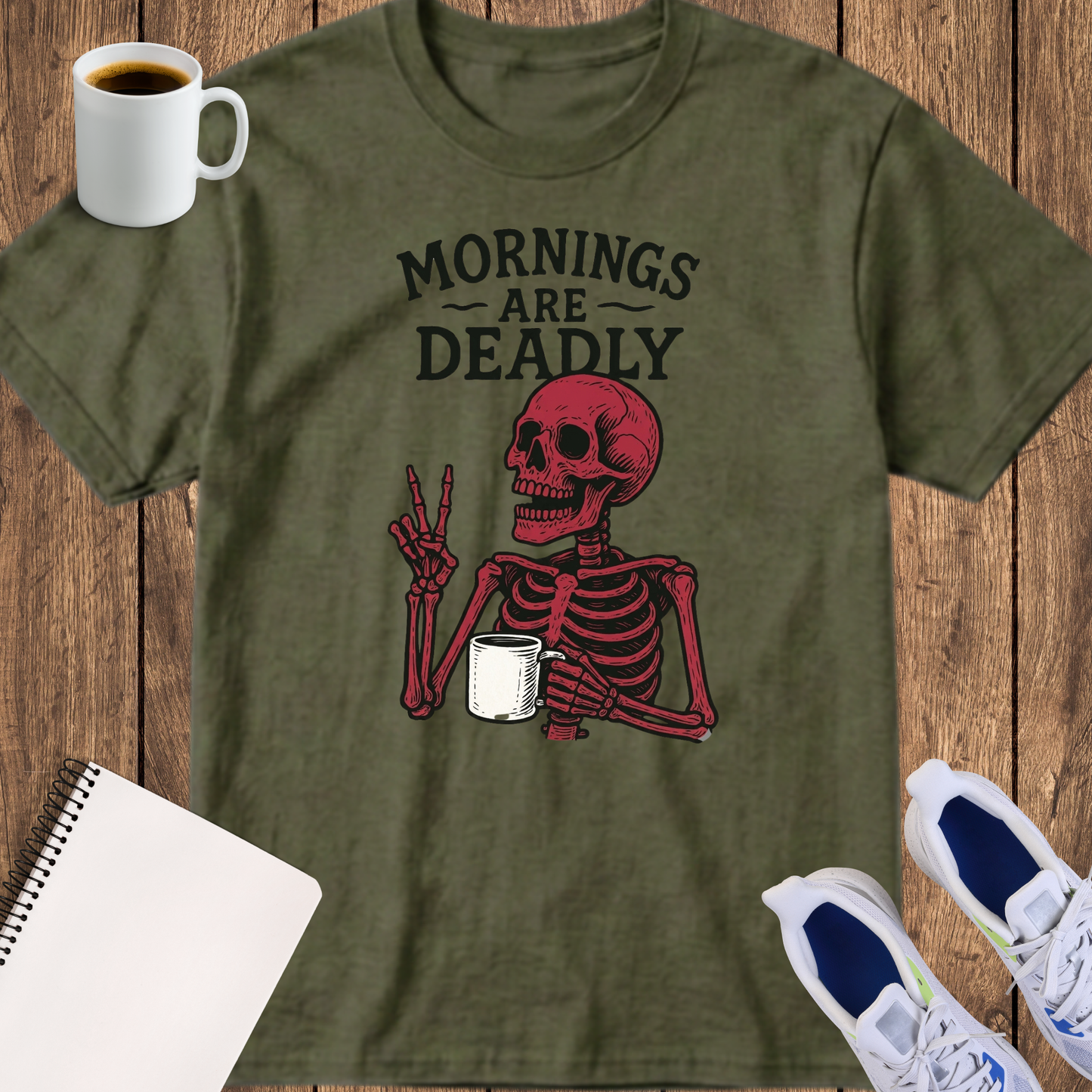 T-Shirt — "Mornings Are Deadly" Skeleton Coffee Graphic Tee