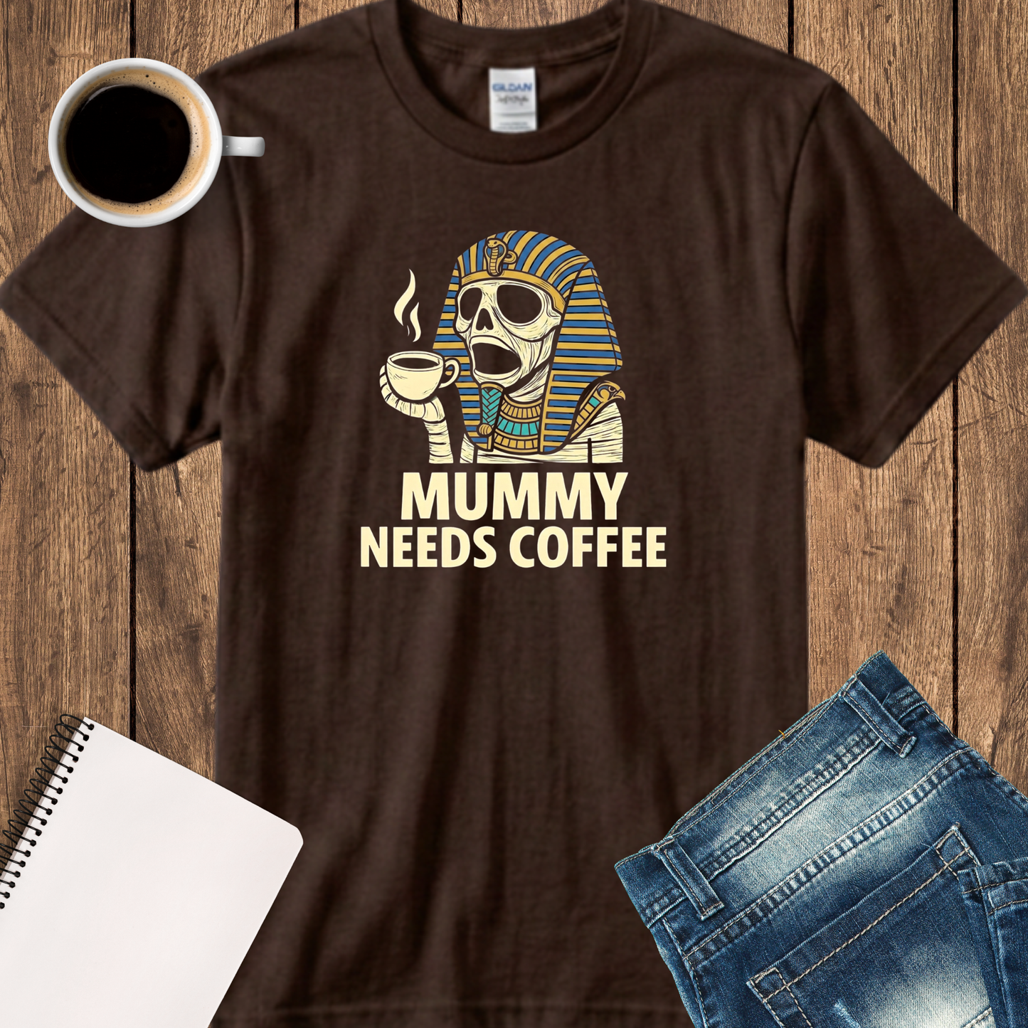 Mummy Needs Coffee T-Shirt — Funny Egyptian Mummy Skull Tee